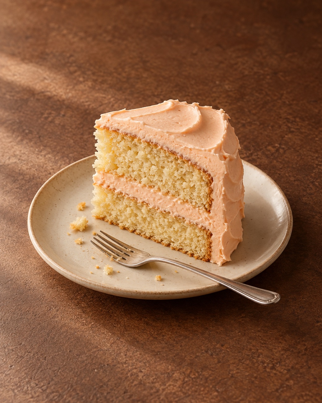 Illustrative vanilla cake slice with peach frosting on a cream plate